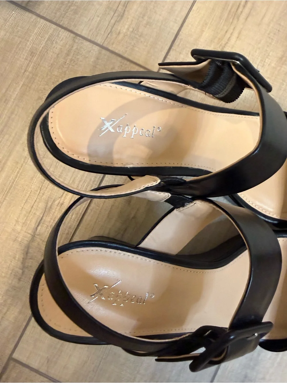 Xappeal Black Leather-Look Wedge Sandals with Buckle